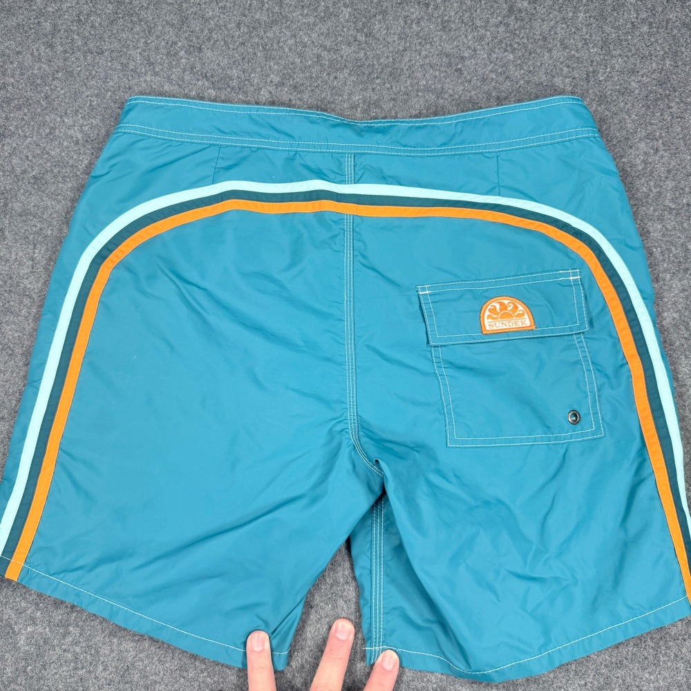 Sundek Mens Teal Blue Rainbow Stripe Board Shorts Swim Trunks  Size 32